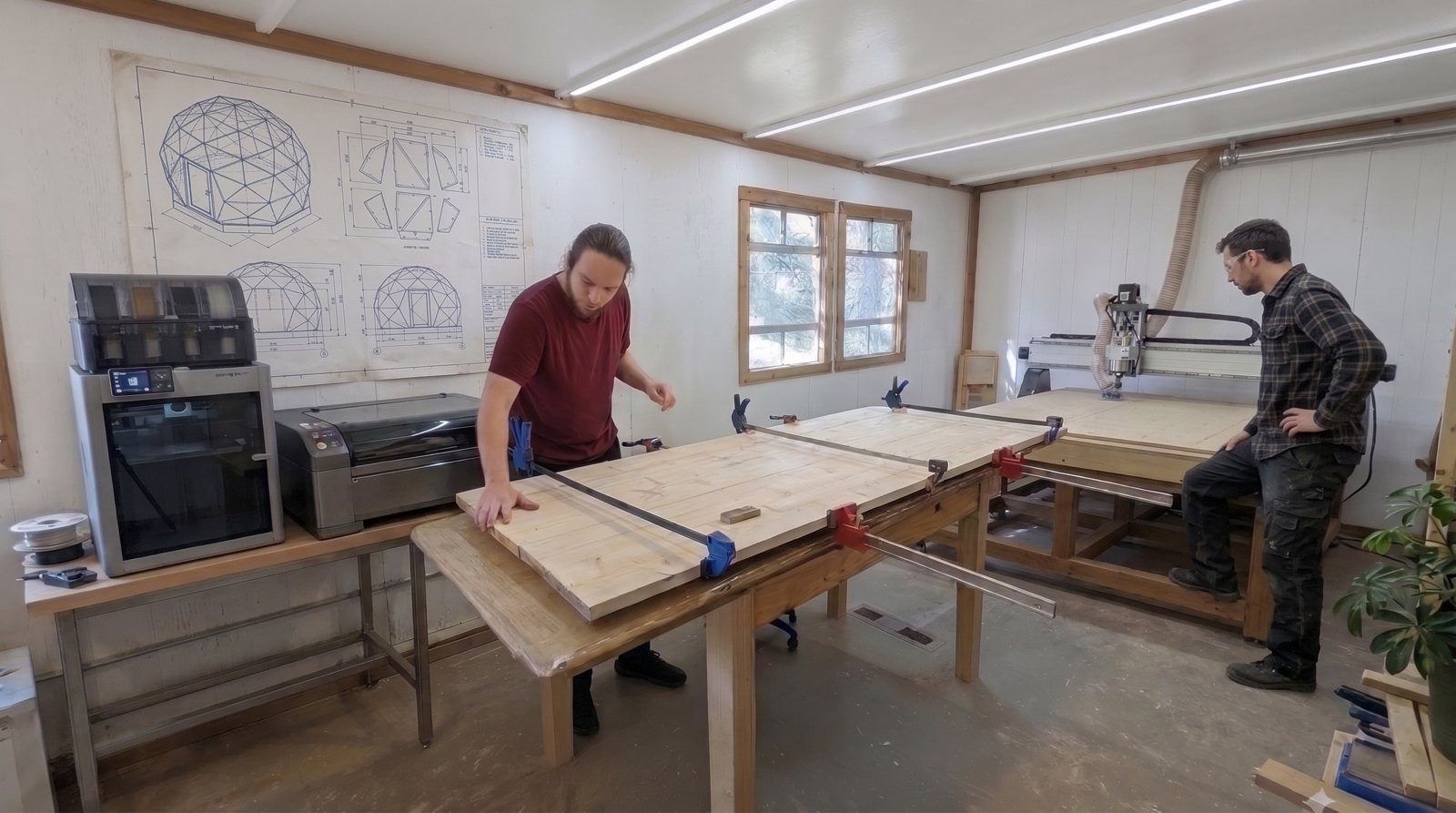 Two people working at a CNC machine and benches in a bright workshop