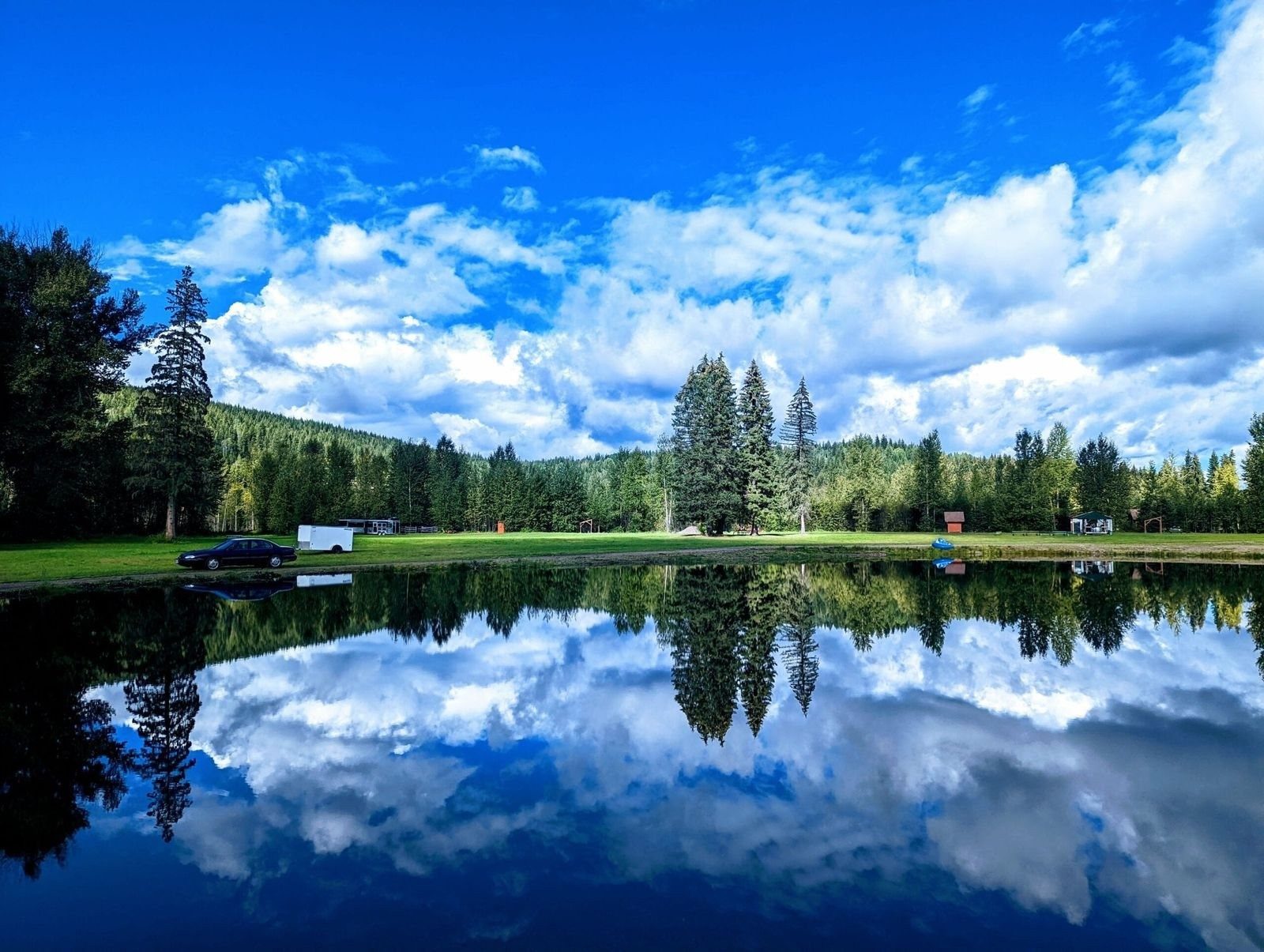 A still lake reflecting forest and cloud