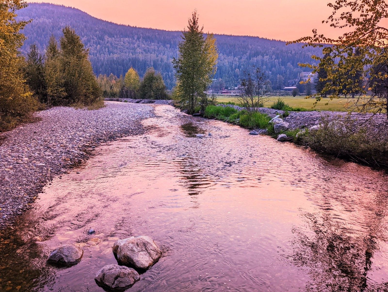 A shallow river over stones, lit pink and gold at dusk below a forested ridge